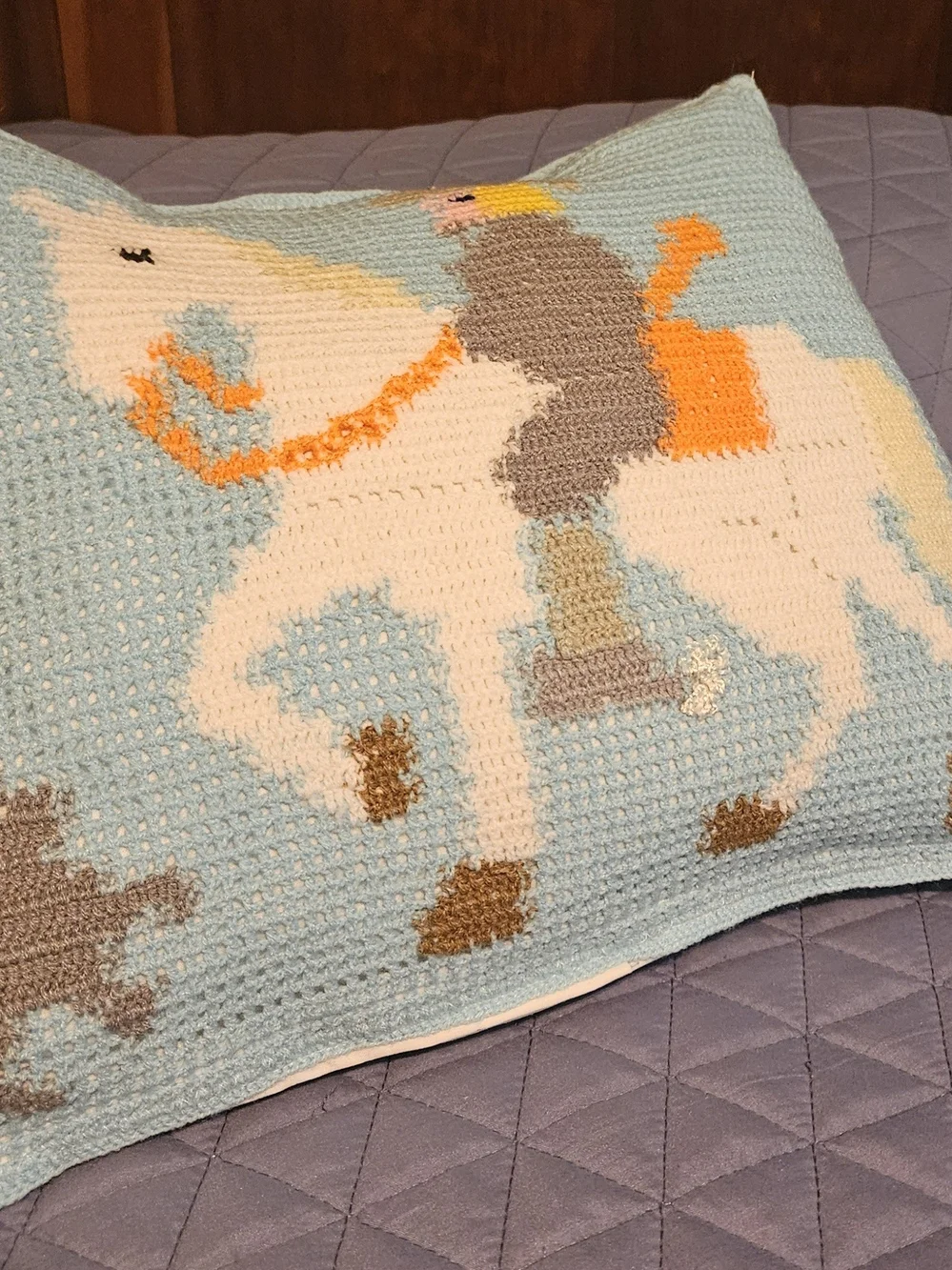 Yellow and Light Blue Hand-Crocheted Horseman and Dog Accent Pillow Covers